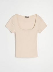 Prążkowana koszulka z krótkim rękawem - beżowy. Brązowe t-shirty damskie Sinsay, l, bez wzorów, prążkowane, bez kołnierzyka. Za 19.99 zł.