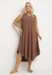 Brązowa Rozkloszowana Sukienka z Bawełną Nairilo. Brązowe sukienki damskie Born2be, na spacer, na lato, xl, bez wzorów, z bawełny, eleganckie, bez kołnierzyka, bez ramiączek, midi, rozkloszowane. Za 74.99 zł.