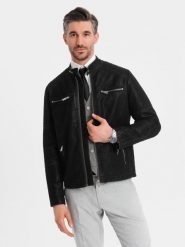 Kurtka męska biker ze stójką w stylu retro – czarna V2 - Rozmiar: M. Czarne kurtki męskie Ombre Clothing, m, bez wzorów, z materiału, retro, bez kaptura. W wyprzedaży za 189.99 zł.