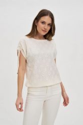 Ażurowa bluzka ecru. Bluzki damskie MOODO, l, w ażurowe wzory, z elastanu, bez kołnierzyka, bez ramiączek. Za 79.99 zł.