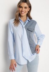 Niebieska Koszula z Krawatem i Jeansową Wstawką Eirisema. Niebieskie bluzki damskie Born2be, m, bez wzorów, z jeansu, bez kołnierzyka, bez ramiączek. Za 159.99 zł.