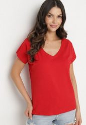 Czerwony Bawełniany T-shirt z Trójkątnym Dekoltem Linarosea. Czerwone bluzki damskie Born2be, l, bez wzorów, z bawełny, bez kołnierzyka. Za 39.99 zł.