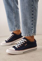 Granatowe Klasyczne Trampki do Kostki z Lamówką przy Podeszwie Kasiope. Niebieskie obuwie sportowe damskie Born2be, bez wzorów, z jeansu, klasyczne, bez zapięcia. Za 49.99 zł.