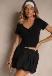 Czarny Bawełniany T-shirt z Prążkowanej Tkaniny z Dekoltem w Szpic Filaretta. Czarne bluzki damskie Renee, l, bez wzorów, z bawełny, biznesowe, bez kołnierzyka. Za 39.99 zł.
