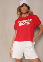 Czerwony T-shirt z Nadrukiem Napisu Dezerine. Czerwone bluzki damskie Renee, l, bez wzorów, z jeansu, klasyczne, bez kołnierzyka. Za 29.99 zł.