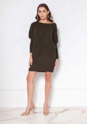 Swetrowa Tunika z Dekoltem w Łódkę - Khaki. Brązowe bluzki damskie Lanti, l, bez wzorów, z materiału, bez kołnierzyka, bez ramiączek. Za 209.90 zł.