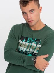 Bluza męska zakładana przez głowę z nadrukiem - zielona V2 OM-SSPS-0156 - XL. Zielone bluzy męskie Ombre Clothing, l, bez wzorów, z bawełny, bez kaptura. W wyprzedaży za 49.99 zł.