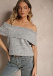 Jasnoszary Sweter Top z Hiszpańskim Wywijanym Dekoltem z Wełną Inarose. Szare swetry damskie Renee, m, bez wzorów, z wełny, casualowe, bez kołnierzyka, bez ramiączek, bez kaptura. Za 89.99 zł.