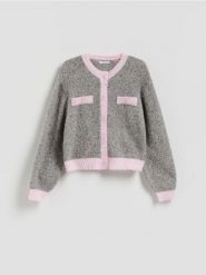 Kardigan z kontrastową lamówką - wielobarwny. Kardigany damskie Reserved, l, bez wzorów, z dzianiny. Za 129.99 zł.