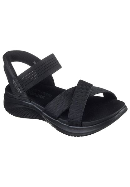 Sandały SKECHERS 119975S Czarny. Czarne sandały damskie Skechers, bez wzorów, z materiału, bez obcasa, bez zapięcia. Za 297.99 zł.