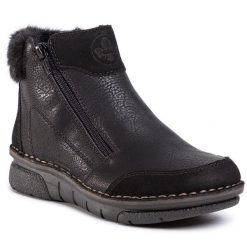 Botki Rieker. Czarne botki damskie Rieker, bez obcasa, na płaskiej podeszwie, bez zapięcia. Za 244.99 zł.