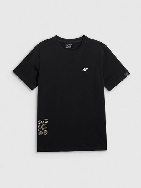 4F T-shirt regular z nadrukiem męski - czarny L. Czarne t-shirty męskie 4f, l, bez wzorów, z materiału, klasyczne, bez kołnierzyka. W wyprzedaży za 69.99 zł.