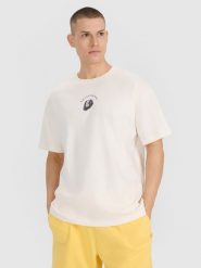 4F T-shirt oversize z nadrukiem męski - białe M. Białe koszulki sportowe męskie 4f, m, bez wzorów, z bawełny, klasyczne, bez kołnierzyka. Za 69.99 zł.