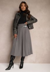 Szara Plisowana Spódnica o Rozkloszowanym Kroju w Stylu Preppy z Paskiem Setina. Szare spódnice damskie Renee, l, bez wzorów, biznesowe, midi, dopasowane. Za 159.99 zł.