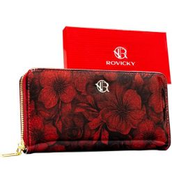 Portfel-piórnik damski wykonany ze skóry ekologicznej w czerwonym kolorze, pokryty kwiatowym wzorem - Rovicky. Czerwone portfele damskie ROVICKY, bez wzorów, ze skóry ekologicznej. Za 45.00 zł.