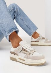 Beżowe Sneakersy na Platformie z Ozdobnym Sznurowaniem Awidea. Brązowe obuwie sportowe damskie Born2be, bez wzorów, z jeansu. Za 89.99 zł.