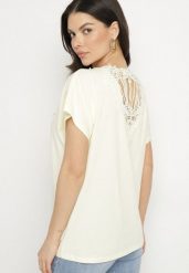 Żółty Bawełniany T-shirt Nietoperz z Perłami i Koronką Eleziria. Żółte bluzki damskie Born2be, l, bez wzorów, z bawełny, bez kołnierzyka. Za 34.99 zł.