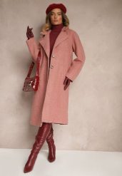 Różowy Płaszcz Jednorzędowy o Długim Kroju z Materiału Boucle Deorina. Czerwone płaszcze damskie Renee, m, bez wzorów, biznesowe, długie, bez kaptura. Za 159.99 zł.