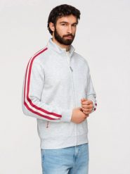 Męska bluza dresowa z wysokim kołnierzem i lampasami – szary melanż V1 - Rozmiar: M. Szare bluzy męskie Ombre Clothing, m, z aplikacjami, z bawełny, bez kaptura. Za 209.99 zł.