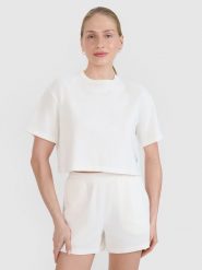 4F T-shirt crop top z waflowej dzianiny damski - biały XL. Białe koszulki sportowe damskie 4f, xl, bez wzorów, z bawełny, sportowe, bez kołnierzyka. W wyprzedaży za 49.99 zł.