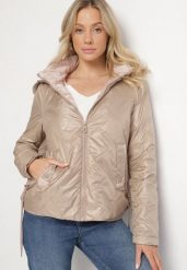 Ciemnobeżowa Kurtka Pikowana z Odpinanym Kapturem i Ściągaczami po Bokach Nusarianis. Brązowe kurtki damskie Born2be, l, bez wzorów, z jeansu. Za 149.99 zł.