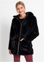 Casualowa kurtka ze sztucznego futerka. Czarne kurtki damskie bonprix, bez wzorów, bez kaptura. Za 249.99 zł.