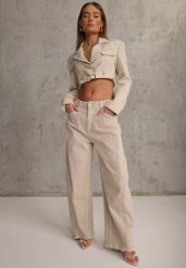 Beżowe Jeansy z Bawełny Typu Balloon High Waist Ozdobione Przeszyciami Eunaris. Brązowe jeansy damskie Renee, z podwyższonym stanem. Za 119.99 zł.