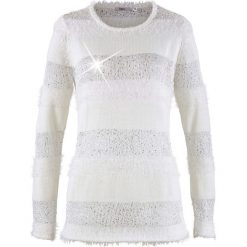 Sweter z cekinami bonprix biel wełny. Białe swetry damskie bonprix, bez wzorów, z wełny, bez kołnierzyka, bez ramiączek, bez kaptura. Za 37.99 zł.