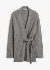 Kopertowy kardigan oversize. Szare swetry damskie bonprix, bez wzorów, bez kołnierzyka, bez ramiączek, bez kaptura. Za 189.99 zł.