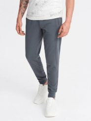 Bawełniane dresowe spodnie męskie joggery BASIC – grafitowe V11 - Rozmiar: S. Szare spodnie sportowe męskie Ombre Clothing, m, bez wzorów, z bawełny. W wyprzedaży za 149.99 zł.