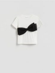 T-shirt z kokardą - biały. Białe t-shirty damskie Reserved, l, bez wzorów, z bawełny, bez kołnierzyka. Za 69.99 zł.