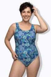 Damskie Strój kąpielowy kwiaty bez miękkich miseczek pas pod biustem. Niebieskie kostiumy jednoczęściowe damskie Ulla Popken, plus size, bez wzorów, z elastanu, sportowe, plus size, do pływania. Za 159.99 zł.