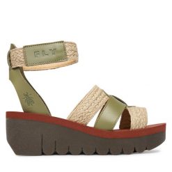 Sandały Fly London. Zielone sandały damskie Fly London, bez wzorów, bez obcasa, na koturnie, bez zapięcia. Za 463.99 zł.