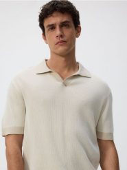 Strukturalny sweter polo - beżowy. Brązowe swetry przez głowę męskie Reserved, l, bez wzorów, z bawełny, bez kołnierzyka. Za 119.99 zł.