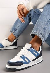 Biało-Granatowe Sznurowane Sneakersy z Licznymi Wstawkami z Ekoskóry Gwendias. Białe obuwie sportowe damskie Renee, bez wzorów, trekkingowe. Za 74.99 zł.