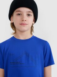 4F T-shirt trekkingowy szybkoschnący chłopięcy - niebieski 134/140 (8-10 lat). Niebieskie t-shirty dla chłopców 4f, bez wzorów, z dzianiny, bez ramiączek. W wyprzedaży za 29.99 zł.