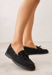 Czarne Mokasyny ze Sznurkiem i Kokardą Samiphia. Czarne mokasyny damskie Renee, z jeansu, eleganckie. Za 89.99 zł.