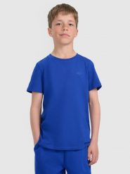 4F T-shirt regular gładki chłopięcy - niebieski 128 (7-8 lat). Niebieskie t-shirty dla chłopców 4f, bez wzorów, z bawełny, bez ramiączek. Za 29.99 zł.