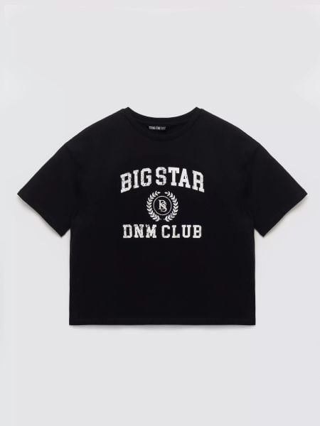 Koszulka dziewczęca z nadrukiem czarna Minka 906. Czarne bluzki dla dziewczynek Big Star, bez wzorów, z bawełny, bez kołnierzyka, bez ramiączek. W wyprzedaży za 39.99 zł.