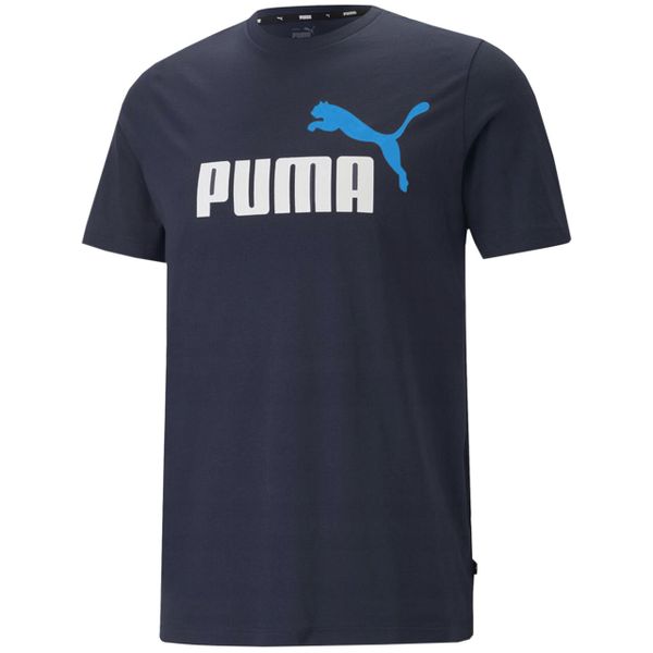 Koszulka fitness męska Puma ESS+ 2 Col Logo Tee. Niebieskie koszulki sportowe męskie Puma, m, bez wzorów, bez kołnierzyka, bez ramiączek, na fitness i siłownię. W wyprzedaży za 99.80 zł.
