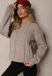 Szary Sweter z Wełną Ozdobnym Splotem i Ściągaczem Nariae. Szare swetry damskie Renee, uniwersalny, bez wzorów, z jeansu, casualowe, bez kołnierzyka, bez ramiączek, długie, bez kaptura. Za 54.99 zł.