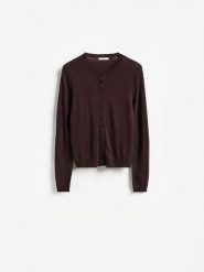 Kardigan z wełną - brązowy. Brązowe kardigany damskie Reserved, l, bez wzorów, z wełny. Za 129.99 zł.