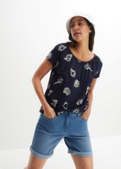 Bluzka z nadrukiem, z bawełny organicznej. Niebieskie bluzki damskie bonprix, bez wzorów, z bawełny, bez kołnierzyka, bez ramiączek. Za 59.99 zł.