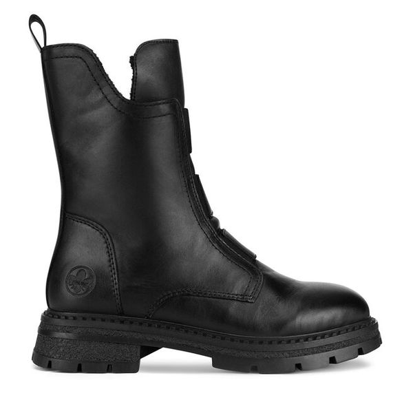 Botki Rieker. Czarne botki damskie Rieker, bez obcasa, na płaskiej podeszwie, bez zapięcia. Za 449.99 zł.