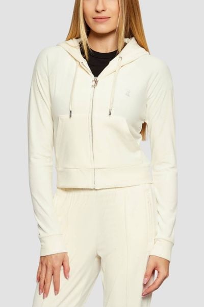 JUICY COUTURE Kremowa bluza damska Madison Outline Hoodie, Rozmiar M. Brązowe bluzy damskie Juicy Couture, m, bez wzorów, z materiału, z kapturem. W wyprzedaży za 199.99 zł.