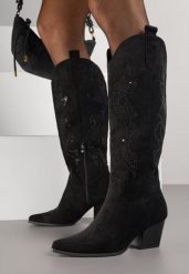 Czarne Kozaki Kowbojki na Stożkowym Obcasie Zdobione Cyrkoniami Nalasania. Czarne kozaki damskie Renee, z koronki, bez obcasa, na obcasie. Za 179.99 zł.
