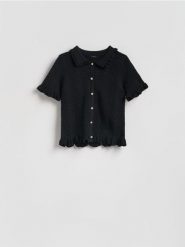 Bluzka z kołnierzykiem - czarny. Czarne bluzki damskie Reserved, l, bez wzorów, z dzianiny, bez kołnierzyka, bez ramiączek. Za 119.99 zł.