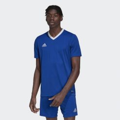 Koszulka piłkarska męska adidas Entrada 22 Jersey. Niebieskie koszulki sportowe męskie Adidas, m, bez wzorów, z dzianiny, bez kołnierzyka, bez ramiączek, do piłki nożnej. Za 79.00 zł.