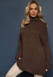 Brązowy Golf o Kroju Oversize z Wełną i Moherem Temirali. Brązowe swetry damskie Renee, bez wzorów, z jeansu, eleganckie, bez kołnierzyka, bez ramiączek, bez kaptura. Za 169.99 zł.