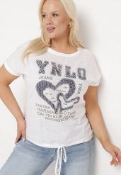Biała Bawełniana Bluzka ze Ściągaczem na Dole z Napisami i Cyrkoniami Tesaria. Białe bluzki damskie Born2be, xl, z aplikacjami, z bawełny, eleganckie, bez kołnierzyka, bez ramiączek. Za 64.99 zł.